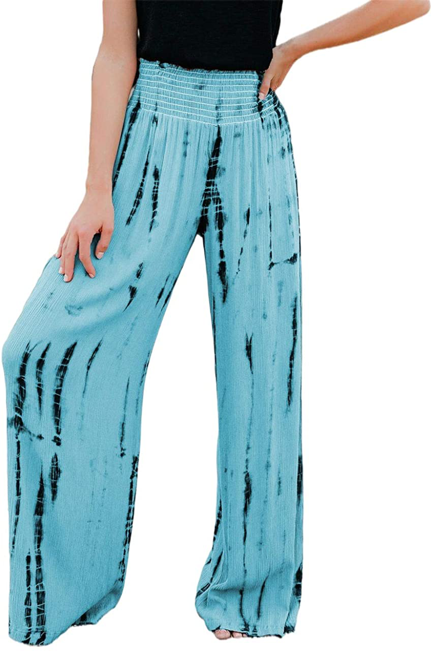 BZB Women Smocked High Waist Tie Dye Boho Pants Casual Print Wide Leg Pants