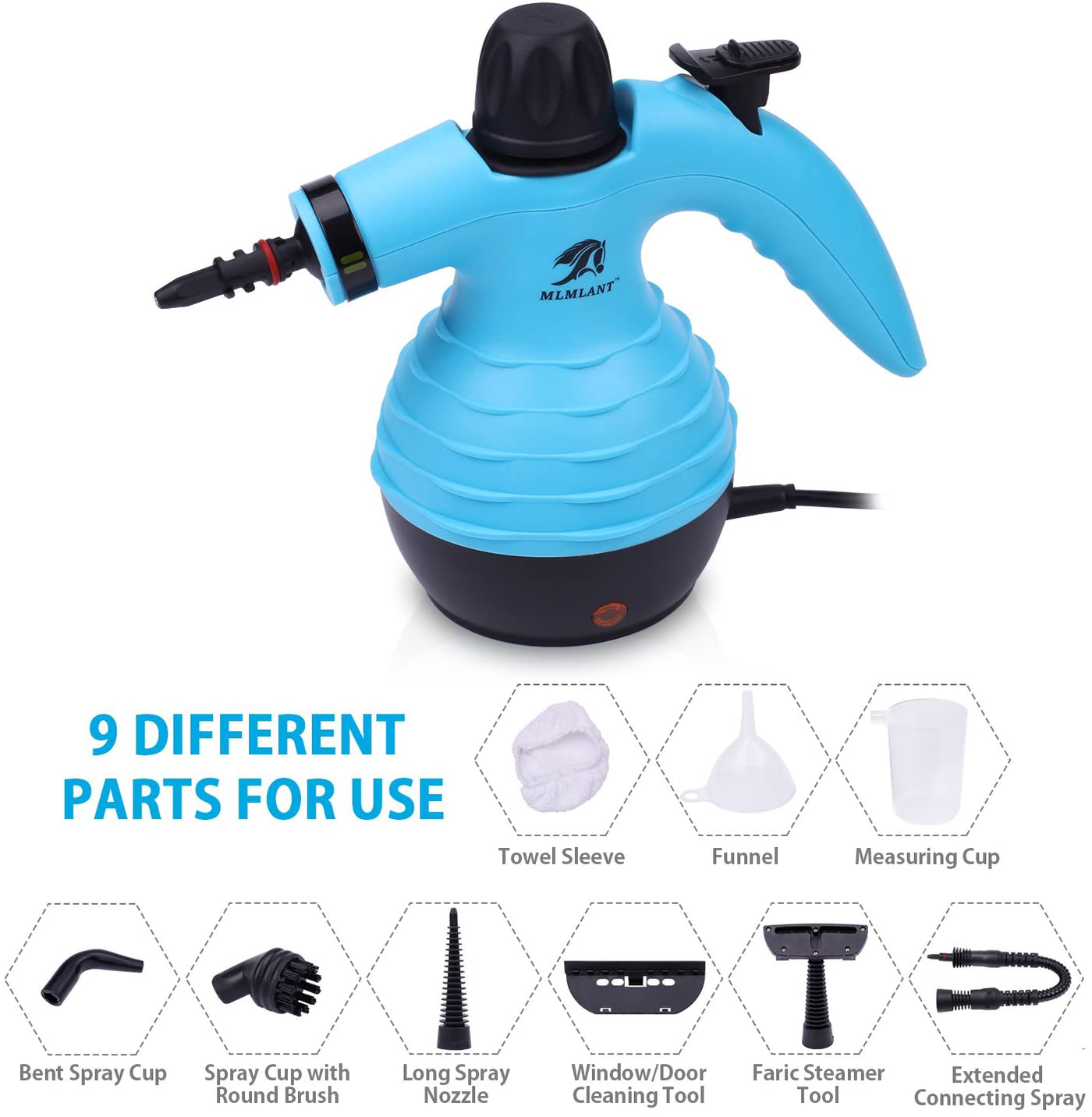 MLMLANT Multipurpose Handheld Steam Cleaner, 1050W Portable Steamer with 9-Piece Accessory Set, Pressurized Steam Cleaning Machine with Safety Lock, for Kitchen Bathroom Windows Auto Floors Sofa Carpet Upholstery, More (Blue)