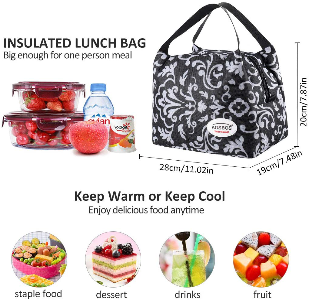 Aosbos Reusable Insulated Lunch Bags for Women Teens Kids Lunch Box Bag Small Cooler Bag Cute Lunch Tote Bag Girls Lunch Box Lunch Pail Loncheras Para Mujer for Work Office Picnic