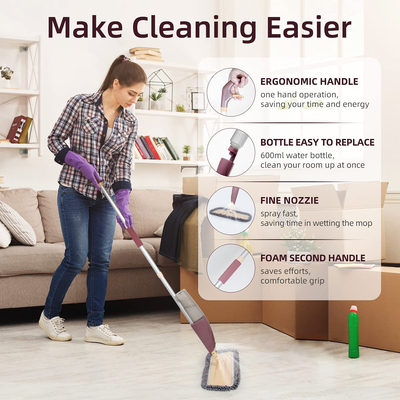 Mops for Floor Cleaning, BICZZYIY Spray Floor Mop Cleaner with 2 x 600ml Refillable Bottles, 3 pcs Washable Pads, 1 Scraper, 360° Spin Microfiber Dry Wet Mop for Hardwood Hard Floors Kitchen Home Car