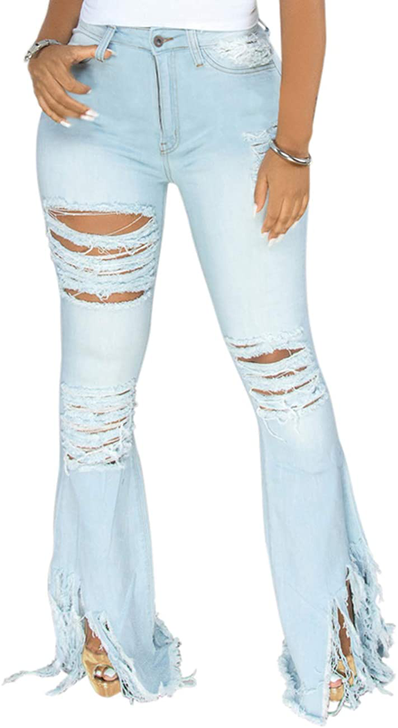 Bell Bottom Jeans for Women Elastic Skinny Ripped Hole Classic Denim Pants