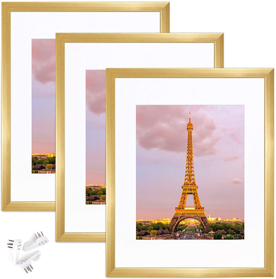 upsimples 11x14 Picture Frame Set of 3,Made of High Definition Glass for 8x10 with Mat or 11x14 Without Mat,Wall Mounting Photo Frame Gold