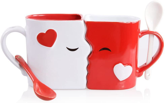Kissing Mugs Set, Anniversary & Wedding Gifts, Exquisitely Crafted Two Large Cups & Spoons for Couples, For Him and Her on Valentines, Birthday, Engagement by Blu Devil