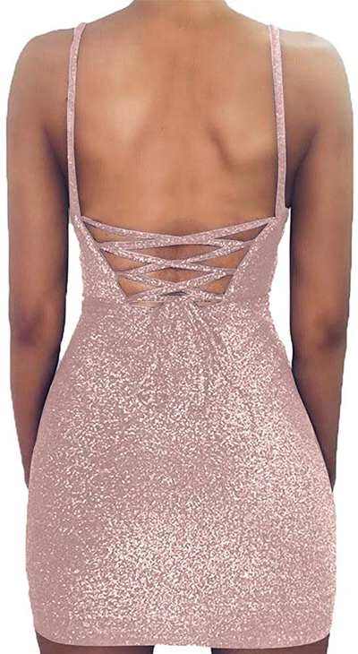 VANCOL Women's Sexy Glitter Spagetti Straps Lace Up Back Bandage Bodycon Mini Club Party Dress