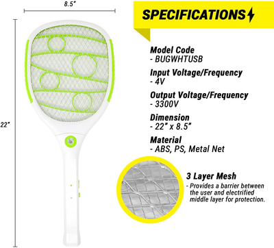 2PK of USB Rechargeable Electric Bug Zapper 3300V, Mosquito Killer Racket, Rechargeable Battery Powered Fly Swatter with LED Light for Flys, Bees, Mosquitoes and More (Green)