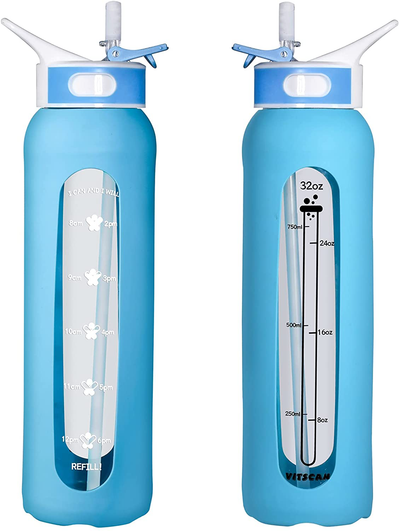 Glass Water Bottle with 32 OZ Straw & Wide Mouth & Black Silicone Sleeve, Large 1L Glass Water Bottle with Time Marker, 100% Leakproof Straw Lid BPA Free Borosilicate Glass