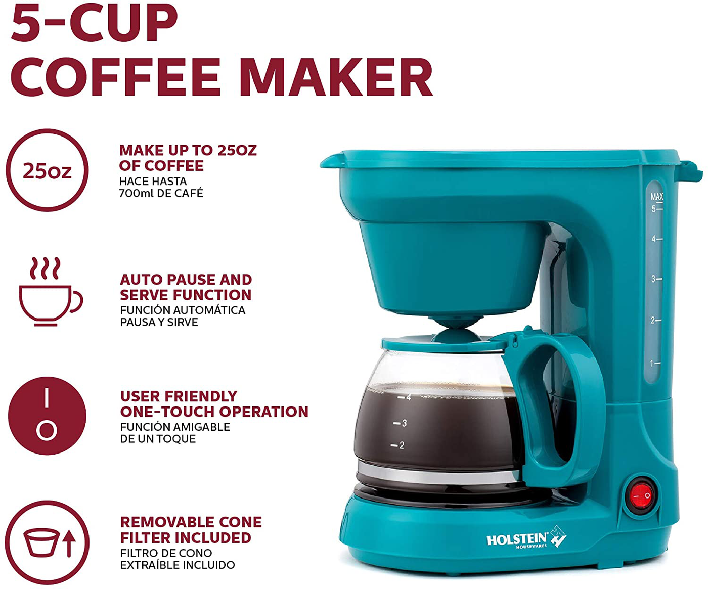 Holstein Housewares - 5-Cup Compact Coffee Maker, Teal - Convenient and User Friendly with Auto Pause and Serve Functions