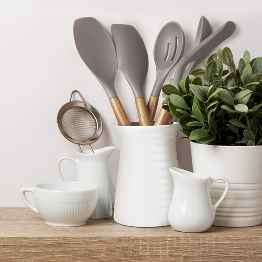 Miusco Non-Stick Silicone Cooking Utensils Set with Natural Acacia Hard Wood Handle, 5 Piece, Grey, High Heat Resistant