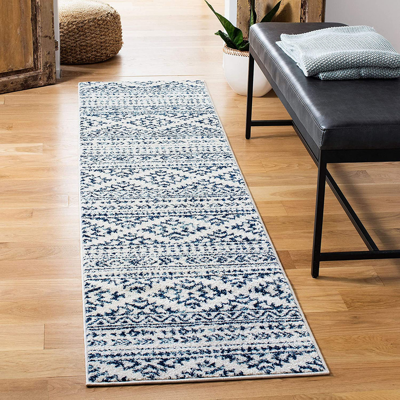 Safavieh Tulum Collection TUL272D Moroccan Boho Tribal Non-Shedding Stain Resistant Living Room Bedroom Runner, 2' x 19' , Ivory / Navy