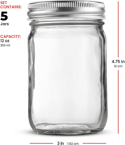 Glass Regular Mouth Mason Jars, Glass Jars with Silver Metal Airtight Lids for Meal Prep, Food Storage, Canning, Drinking, Overnight Oats, Jelly, Dry Food, Spices, Salads, Yogurt (5 Pack) (32 Ounce)