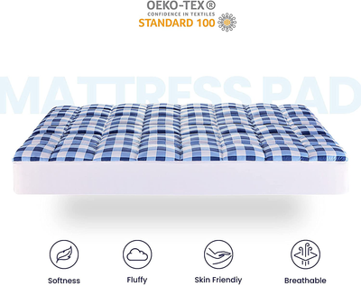 SLEEP ZONE Quilted Mattress Pad Cover Printed Geometric Grid Topper Overfilled Fluffy Soft Pillow Top Down Alternative Fill Fits up to 21 inch Deep Pocket, Blue, Queen