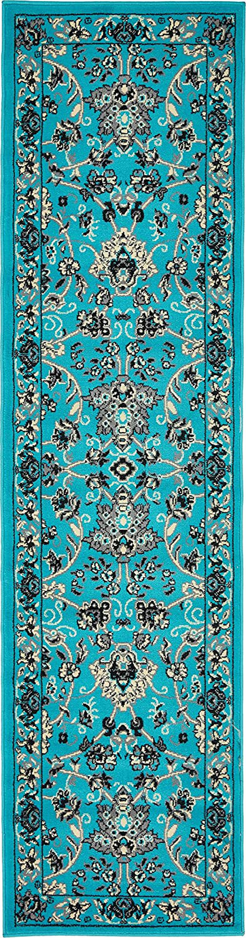 Unique Loom Kashan Traditional Floral Area Rug, 2 Feet 2 Inch x 8 Feet 2 Inch, Turquoise/Ivory