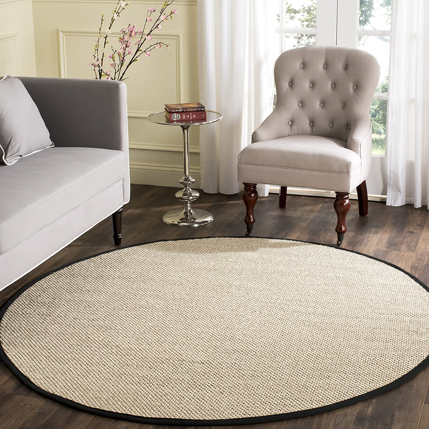 Safavieh Natural Fiber Collection NF143A Border Sisal Area Rug, 4' x 4' Round, Marble / Black