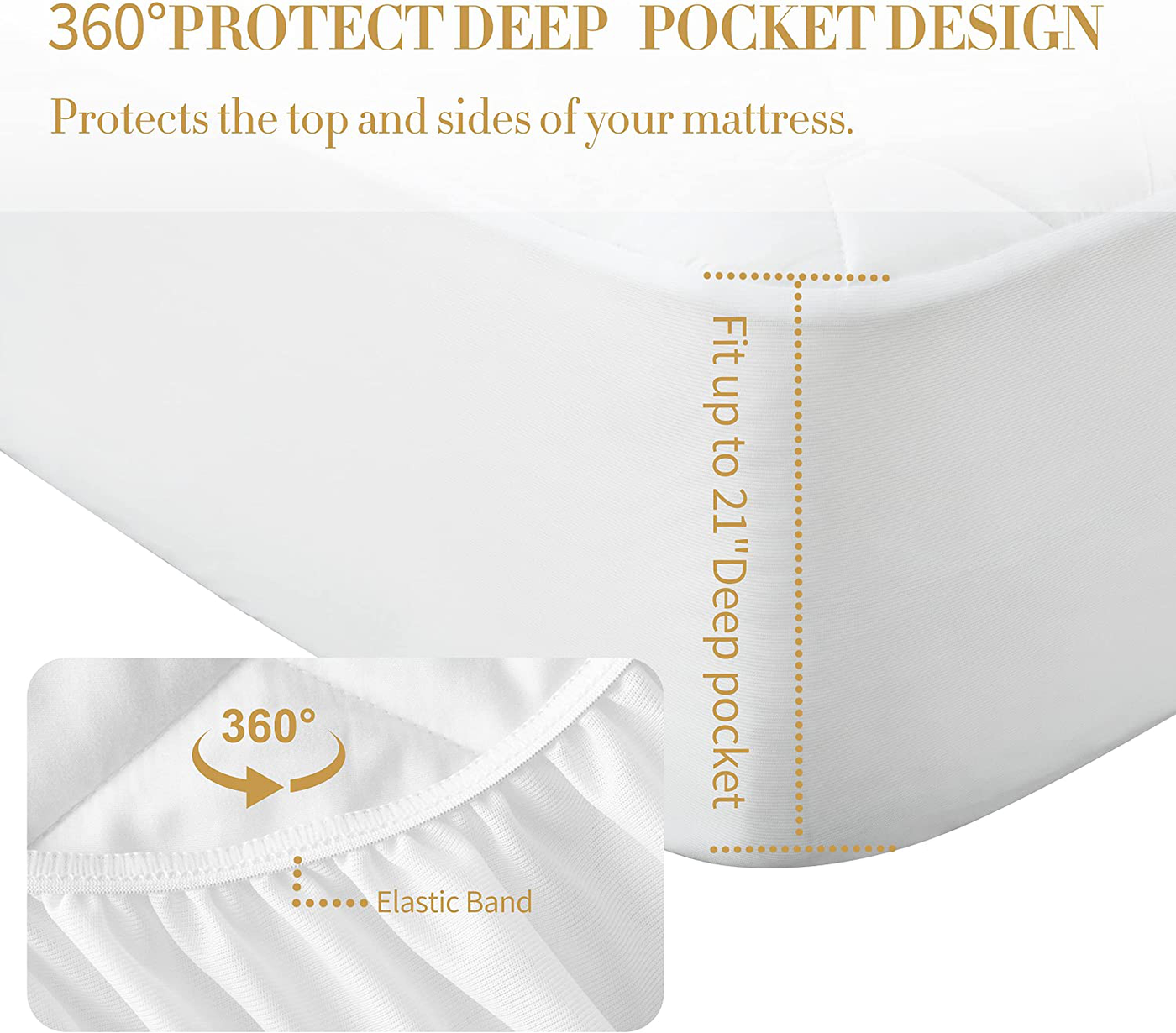 Queen Size Quilted Fitted Mattress Pad, 100% Waterproof Breathable Mattress Protector, Ultra Soft Alternative Filling Mattress Cover, Stretches up to 21 Inches Deep Pocket (White)