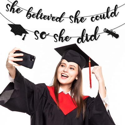 Graduation Party Banner Decorations 2021 Glitter Garland Signs, She Believe She Could So She Did High School College Class of 2021 Grad Party Supplies Favors for Girls,Black