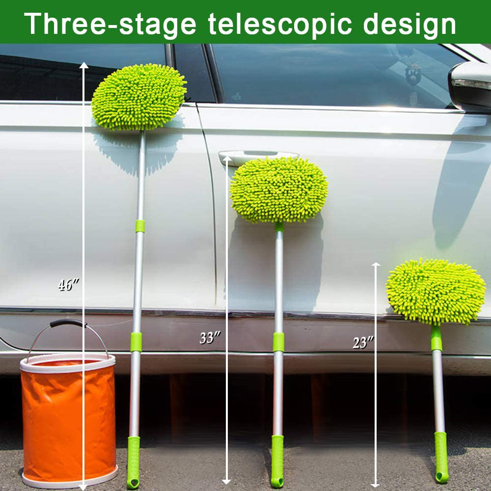 Yueiehe 2 in 1 Chenille Microfiber Car Wash Mop Mitt with 46" Aluminum Alloy Long Handle,Car Cleaning Kit Brush Duster,Scratch Free Cleaning Tool Dust Collector Supplies, 2Pcs Mop Head(Green)