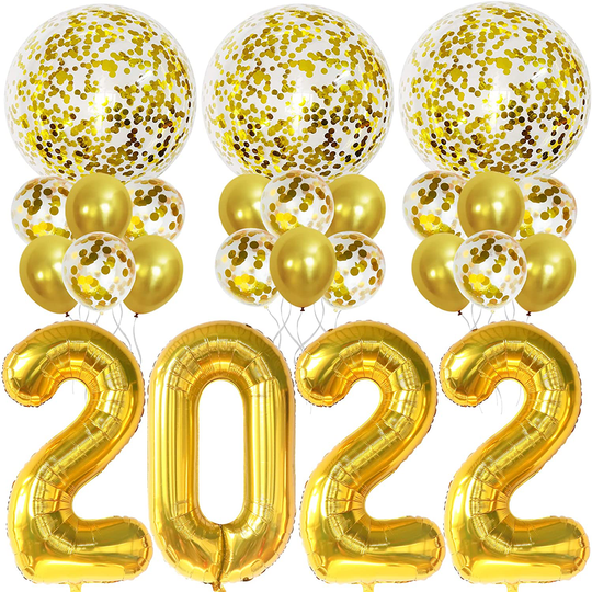 Gold Happy New Year Decorations 2022 Kit - Big 40 Inch 2022 Balloons with 36 Inch Gold Confetti Balloons