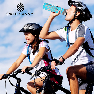 Clear Glass Bottles with Straw, 25 Oz Heat Resistant Glass Sports Bottles, Reusable Water Bottle, Tumbler with Silicone Sleeve, Blue by Swig Savvy