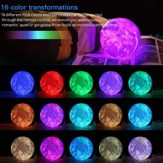 Kids Rechargeable 16 Color 3D LED Moon Lamp With Wood Stand 