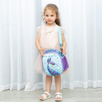 Mermaid Lunch Bag - 3D Insulated Lunch Box for Girls School Picnic Shopping Lunch Shiny Crossbody Waterproof Reusable Lunch Thermal Tote Handbag with Detachable Strap