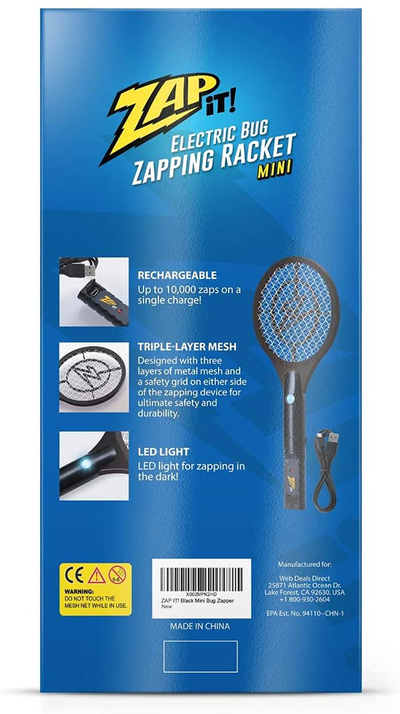 Zap It Bug Zapper Rechargeable Bug Zapper Racket, 4,000 Volt, USB Charging Cable