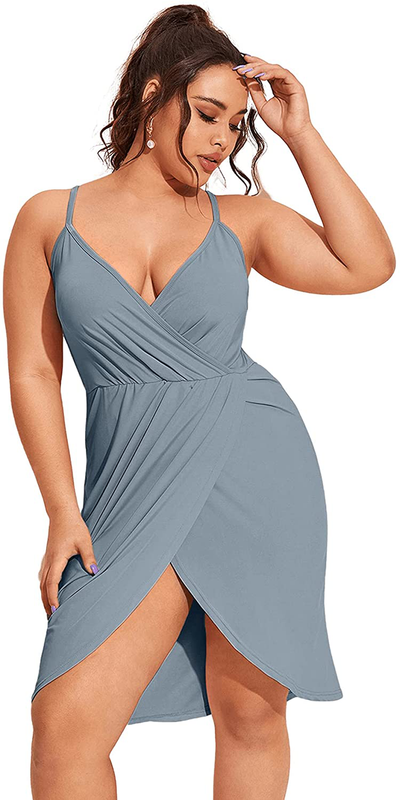 Romwe Women's Plus Size Sexy Wrap Deep V-Neck Split Summer Spaghetti Strap Sleeveless Party Mini Cami Dress