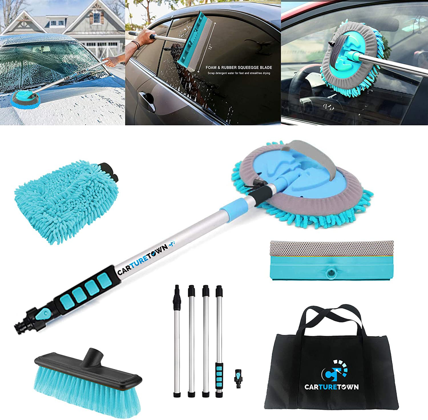 CARTURETOWN 10 Pieces Car Wash Cleaning Kit- Long Handle Brush, Soft Bristle Exterior Duster, Scratch Free Mitt, Squeegee and Hose Attachment - Essential Supplies for Auto Care, Washing and Scrubbing