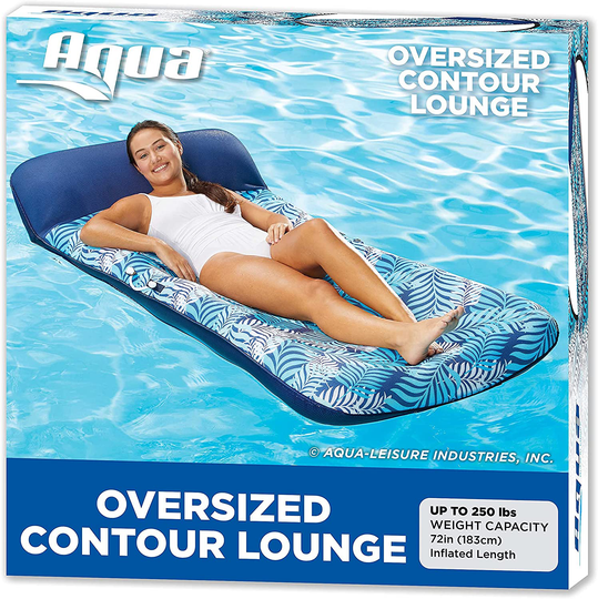Aqua LEISURE Oversize Supreme Fabric Covered 18-Pocket Inflatable Contour Lounge Luxury Fabric Suntanner Pool Float Heavy Duty Blue Ferns