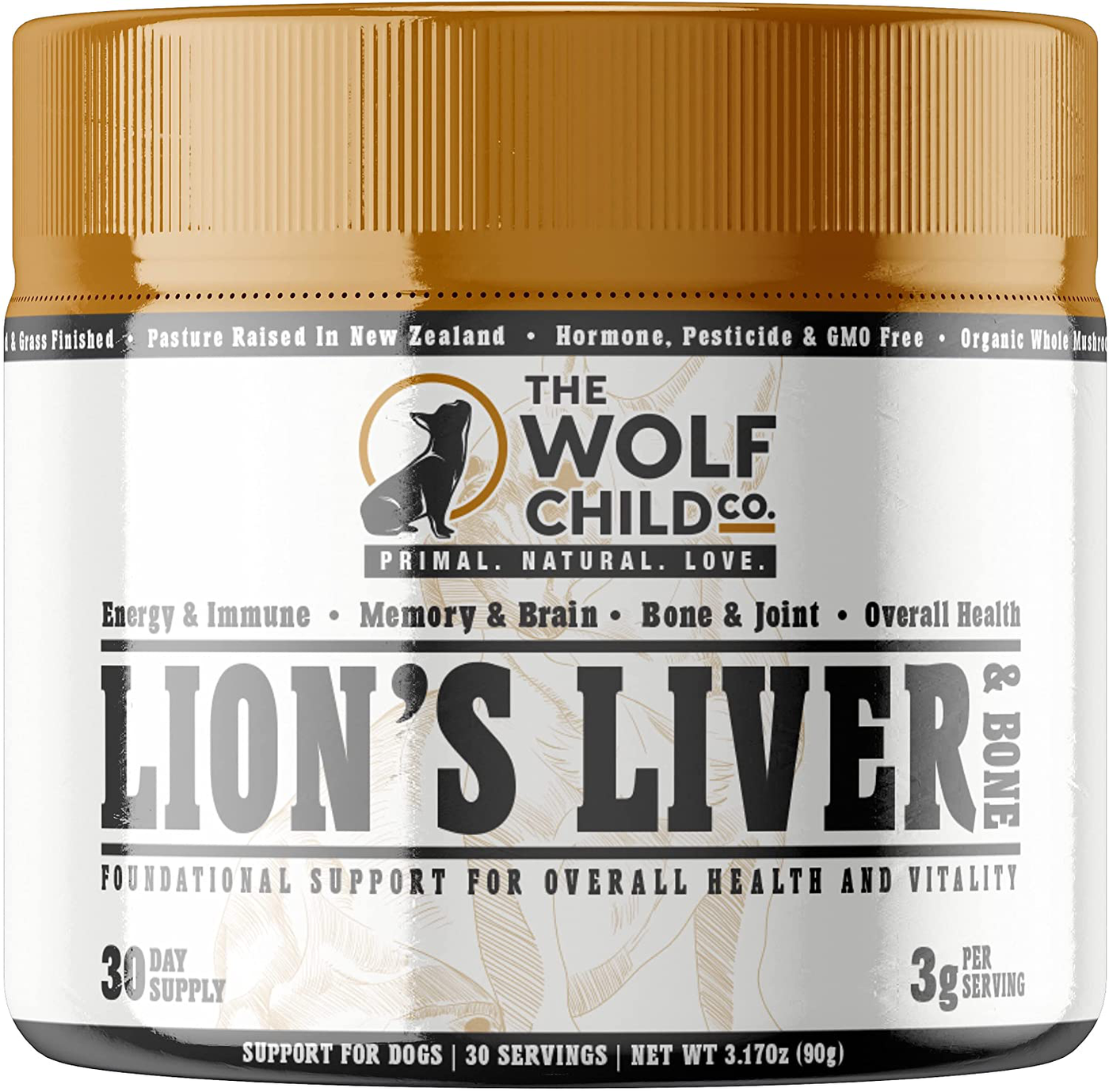 The Wolf Child Co. Lion’s Liver and Bone - Multivitamin Supplement for Dogs - Organic Lion’s Mane Mushroom, Grass-fed Beef Liver & Bone Extract | Energy, Immune, Brain, Bone & Joint | 30 Day Supply