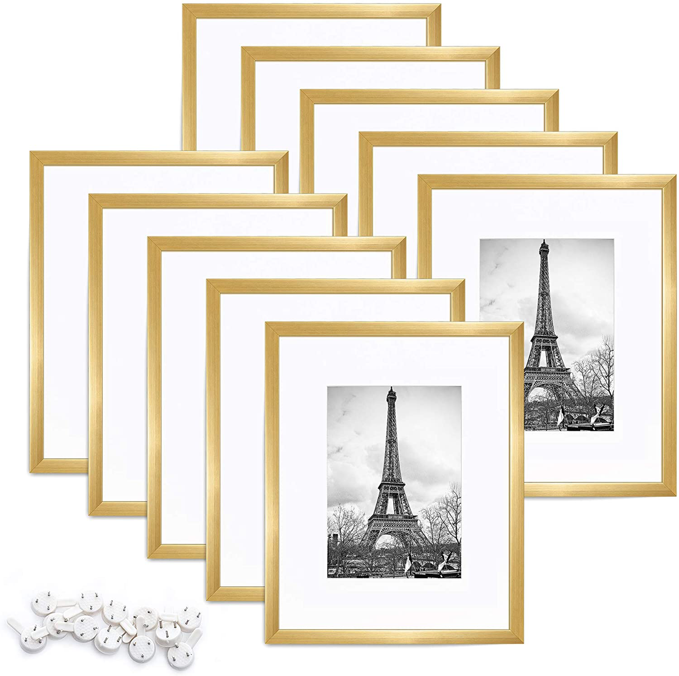 upsimples 8x10 Picture Frame Set of 10,Display Pictures 5x7 with Mat or 8x10 Without Mat,Multi Photo Frames Collage for Wall or Tabletop Display,Gold