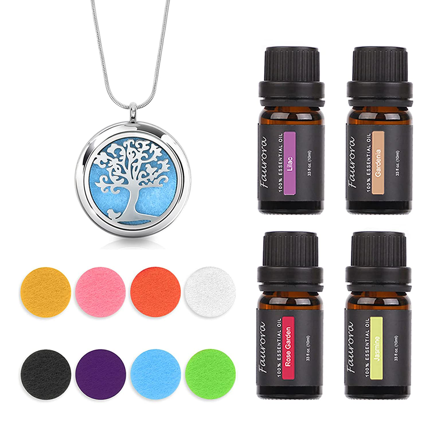 Family Tree of Life Essential Oil Aromatherapy Pendant Necklace w/ 4 Aroma Oils - 27.6" Adjustable Chain Perfume Necklace