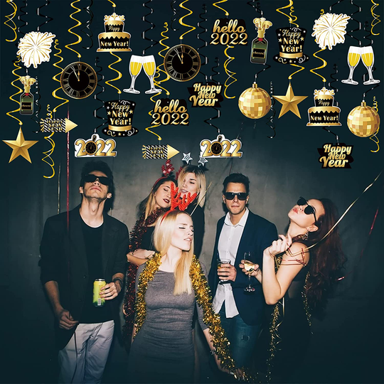 Tifeson 36 Pcs Happy New Year Decorations Hanging Swirls - Happy New Year Decorations 2022 - New Year's Eve Party Decorations Supplies 2022 for Home Office Ceiling (Black and Gold)