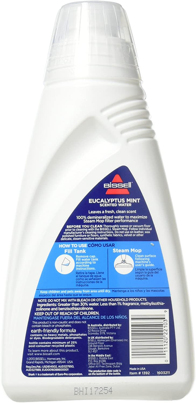 BISSELL Eucalyptus Mint DEMINERALIZED STEAM MOP Water, 32 Ounces, 1392, White & Spring Breeze Demineralized Water 32 oz, 1394