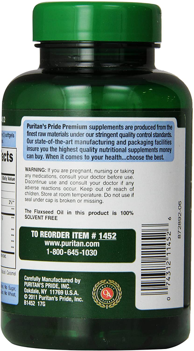 Puritan's Pride Premium Natural Flax Oil 1000 mg Omega-3, 6 & 9 Cold Pressed, 120 Softgels