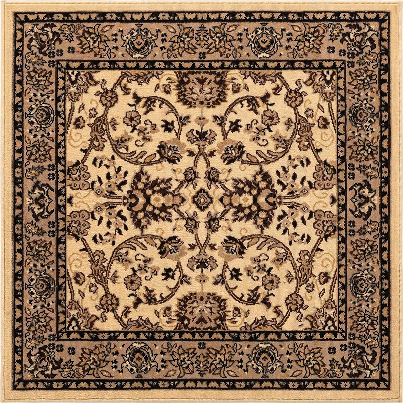 Unique Loom Kashan Traditional Floral Area Rug, 4 Feet, Ivory/Tan