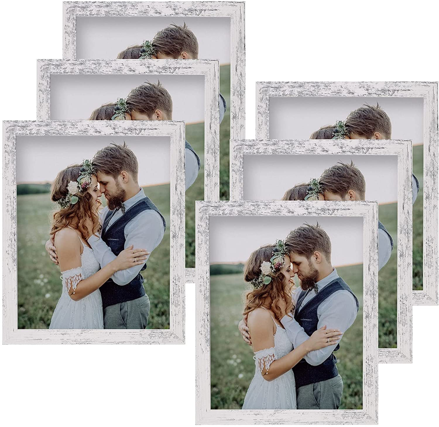 Yamiyo 8x10 Picture Frame with HD Glass,Display Pictures 5x7 with Mat or 8x10 Without Mat,Multi Photo Frames Bulk for Wall or Tabletop Display,Set of 6,Distressed White