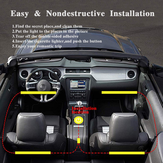 LivTee 12V Interior Car Lights, Newest Two-Line Design 4pcs 48 LED Multi DIY Color Music Under Dash Car Lighting Waterproof Kits with Wireless Remote & APP Control, Car Charger Included