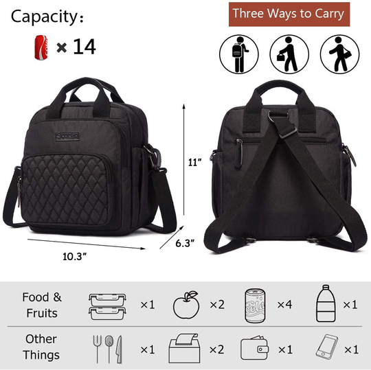 Scorlia Insulated Lunch Bag Thermal Backpack for Women/Men, Convertible Lunch Tote for Work School Office, Tall lunch Cooler Box with Side pockets & Portable Flatware Storage Bag for Kid/Adult, Black