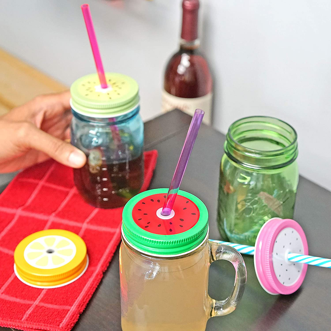 Southern Homewares Gingham Checkered Pattern Mason Jar Lids W/ Hole For Straws Perfect Gift or Party Favor Set 6