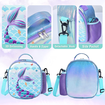 Mermaid Lunch Bag - 3D Insulated Lunch Box for Girls School Picnic Shopping Lunch Shiny Crossbody Waterproof Reusable Lunch Thermal Tote Handbag with Detachable Strap