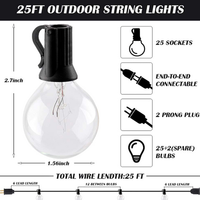 25Ft Waterproof Globe Patio Hanging Lights With 27 Edison Clear Bulbs