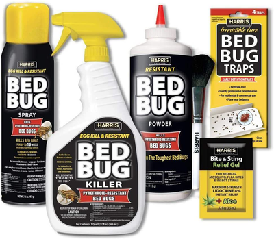 Harris Bed Bug Killer Value Bundle Kit - 32oz Bed Bug Killer, 16oz Aerosol Spray, 4oz Bed Bug Powder w/ Brush, 4-Pack Bed Bug Detection Glue Traps and Bed Bug Bite Relief Gel