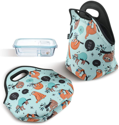 CM Soft Neoprene Tote Picnic Bag Lunch Container Box Organizer for Outdoor Travel (Sloth Pattern)
