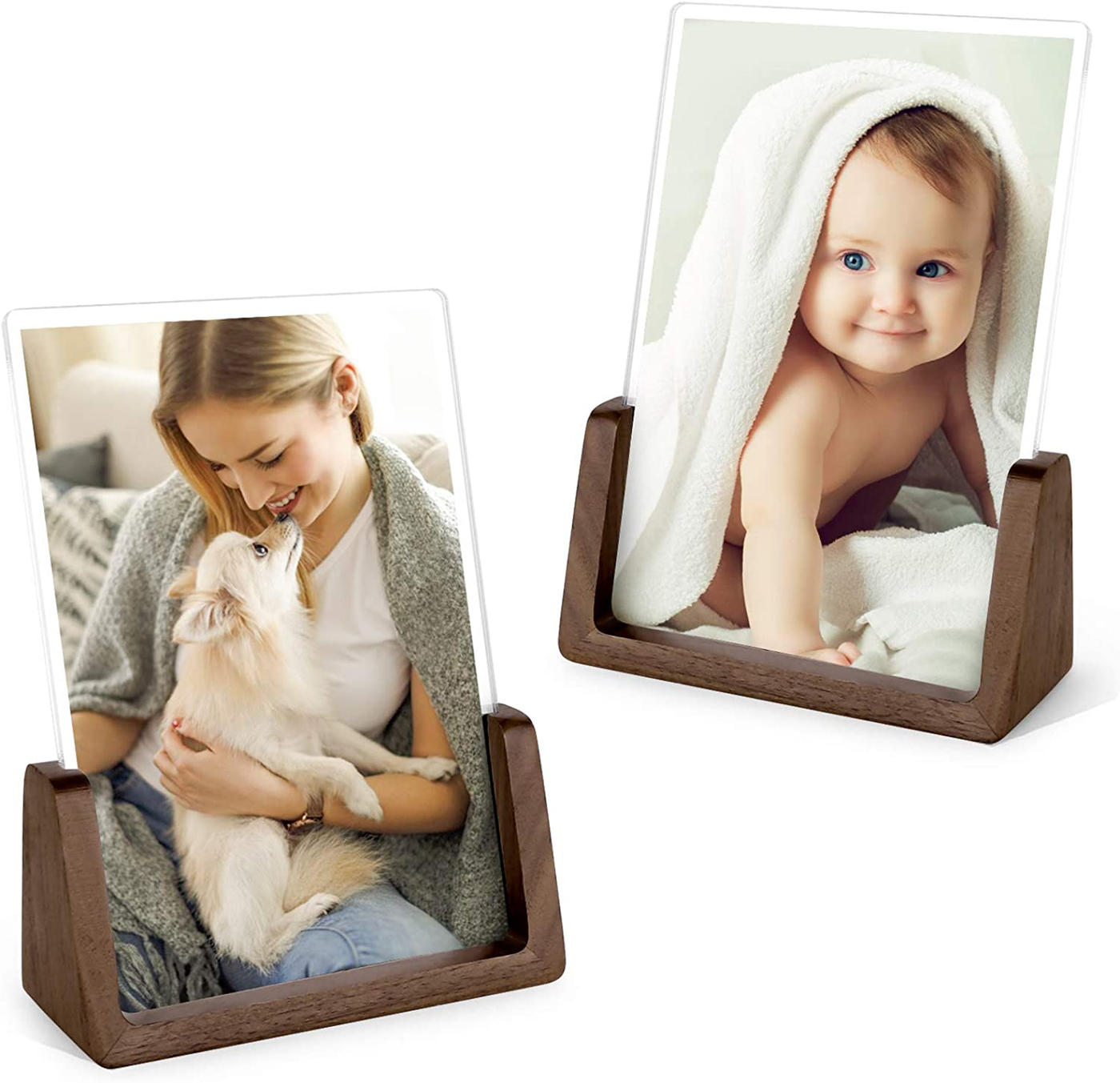 Mixoo Picture Frame 2 Pack - Rustic Wooden Photo Frames with Walnut Wood Base and High Definition Break Free Acrylic Glass Covers for Tabletop or Desktop Display (4x6 inch, Horizontal + Vertical)