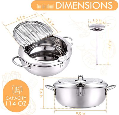 Maocaa Tempura Deep Fry Pot, 304 Stainless Steel Tempura Fryer with Thermometer, Lid Japanese Style Tempura Fryer Pan Uncoated Fryer (9.4)