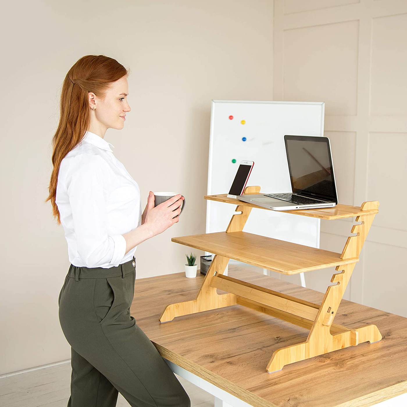 Crew & Axel Standing Desk Converter 100% Natural Bamboo Adjustable Sit Stand Riser Workstation for Desktop or Laptop, Dual Monitor Stand - Home or Office Use (19” High 26” Wide) - Includes Phone Stand