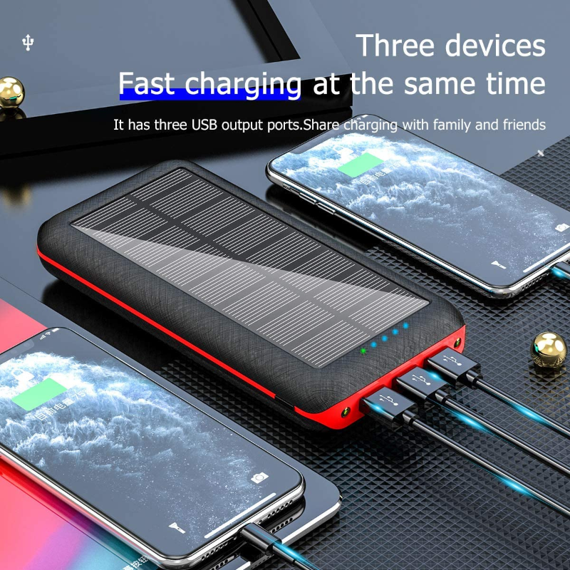 2000mAh QI Wireless Solar Portable Charger with 3 USB Outputs and 2 LED Flashlights