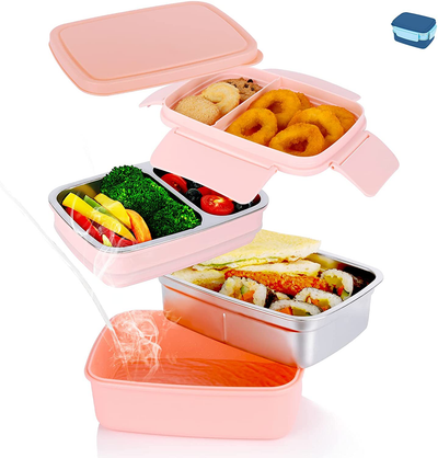 Stainless Steel Bento Box, Genteen Japanese Lunch Box for Kids, Double Layer Lunch Box Stackable Large Capacity with Divided Compartments for School Picnic, Blue