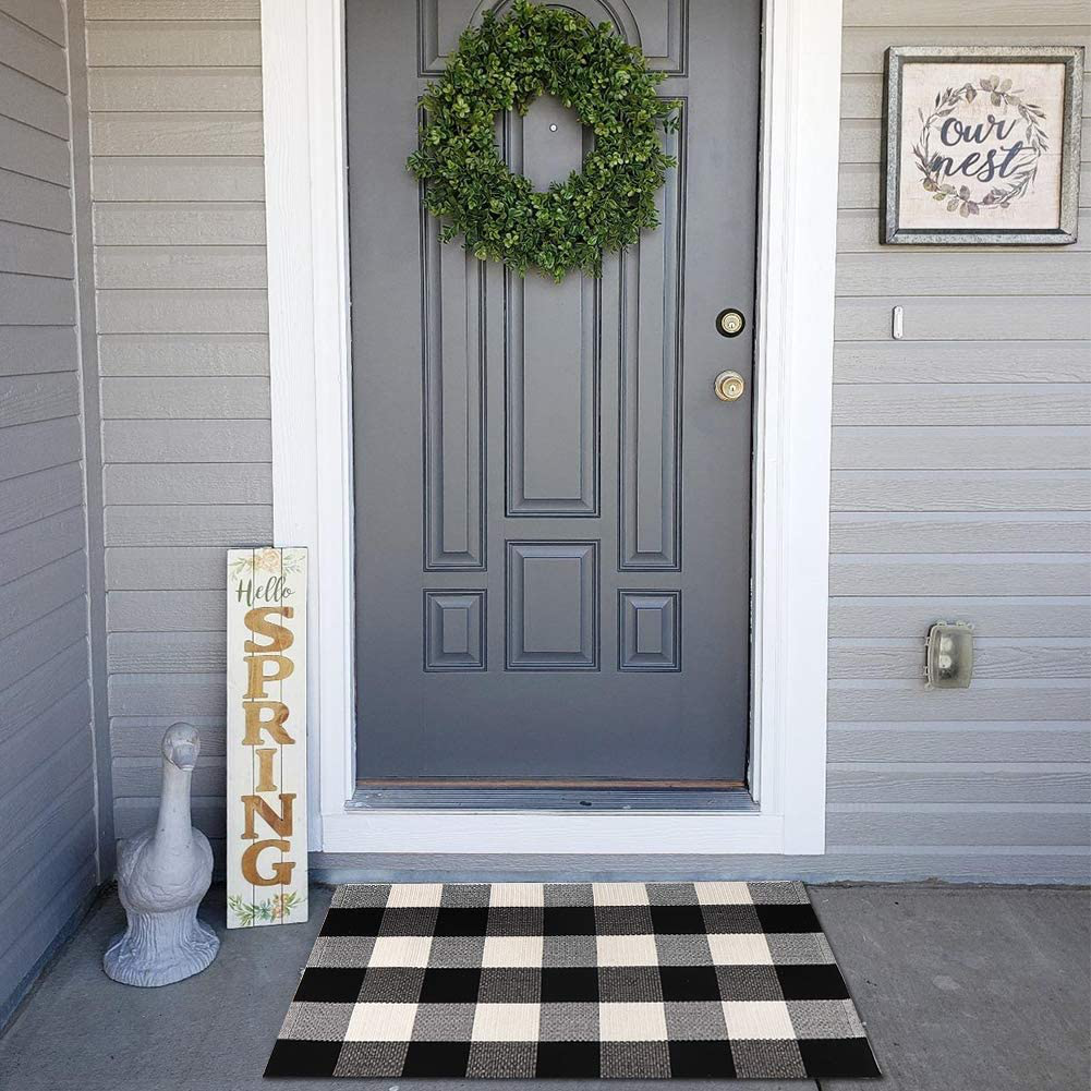 Buffalo Plaid Outdoor Rug Runner Doormat 24'' x 51'', KIMODE Black/White Cotton Woven Checkered Farmhouse Porch Outdoor Rugs, Washable Indoor Door Mat for Front Layered Kitchen Bathroom Laundry Room