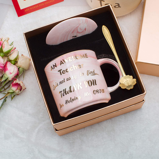 Luspan Teacher Gift - Teacher Appreciation Gifts - Best Gifts for Teachers - Best Teacher Gifts for Women - Pink Marble Ceramic Coffee Mugs 11.5oz and Lid